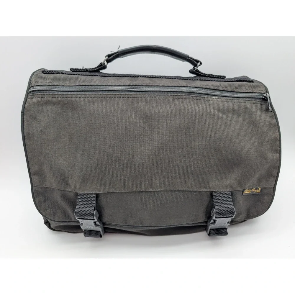Eddie Bauer Black Canvas Messenger Bag Briefcase Organizer Buckle Closure